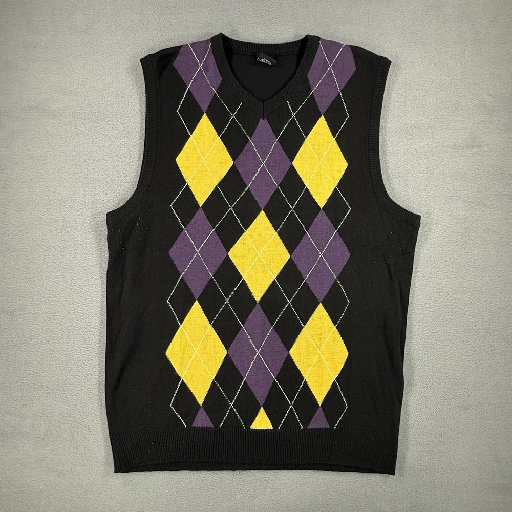 Regal Wear Mens 2XL Black Purple Yellow Argyle V-Neck Knit Sweater Vest
